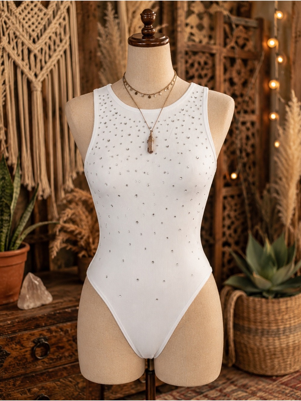 Rhinestone White Ribbed Tank Bodysuit